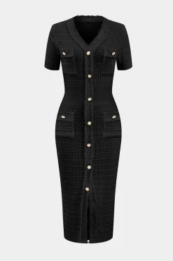Knit V-Neck Button Short Sleeve Dress