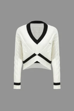 Knit V-Neck Patchwork Long-Sleeve Top