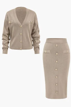 Knit V-neck Top And Skirt Set