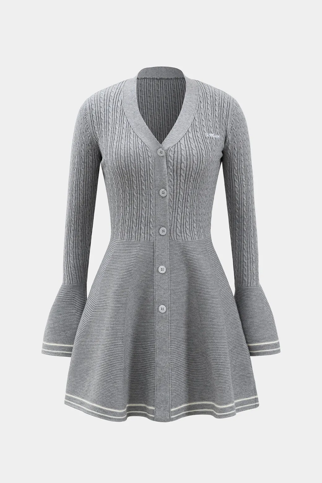 Knitted Button V-Neck Bell Sleeve Long Sleeve Sweater Dress