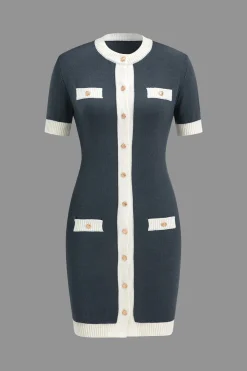 Knitted Contrast Short Sleeve Button Dress
