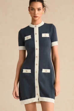 Knitted Contrast Short Sleeve Button Dress