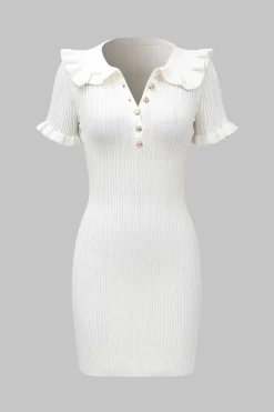 Knitted Metallic Button Ruffle Short Sleeve Dress