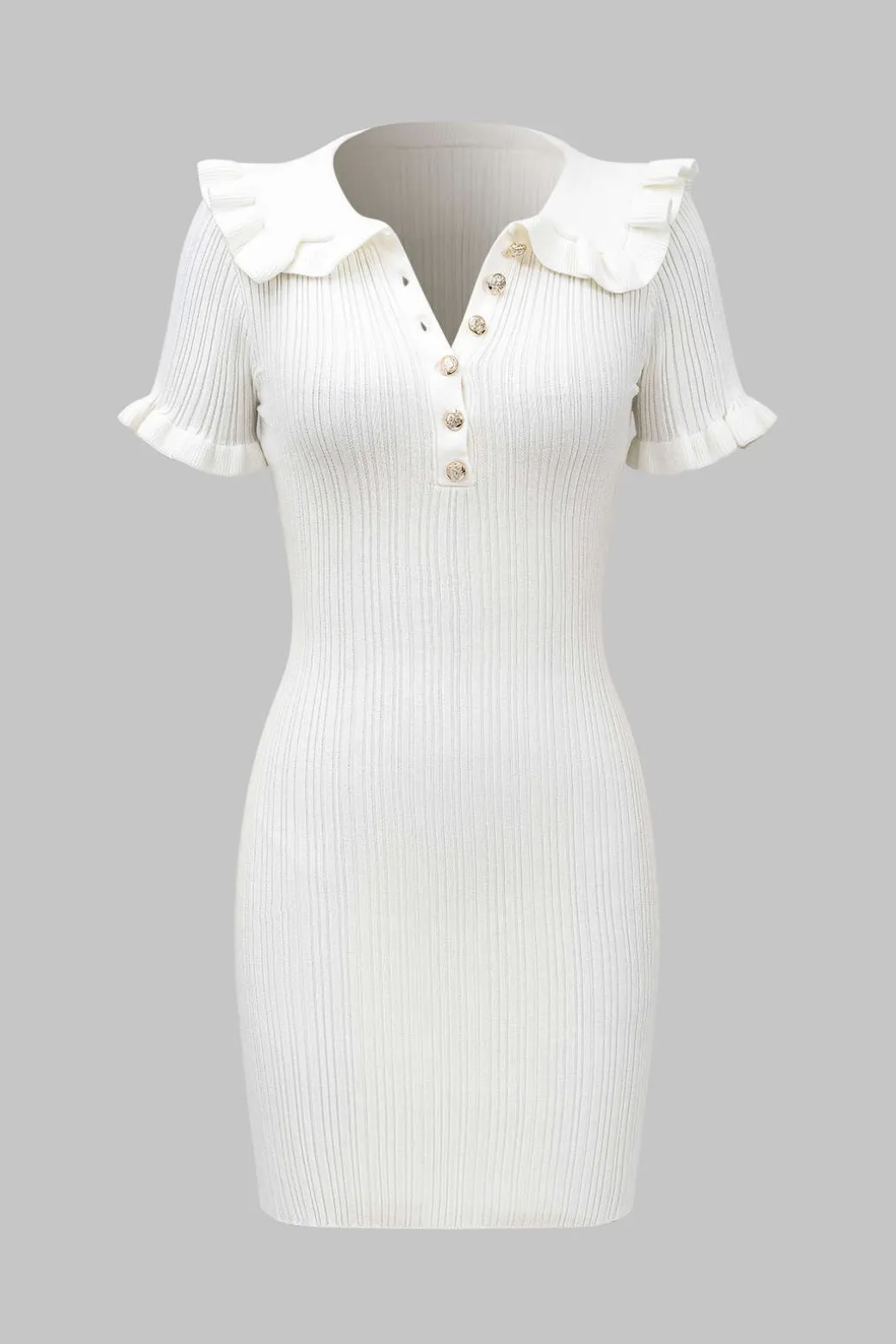 Knitted Metallic Button Ruffle Short Sleeve Dress