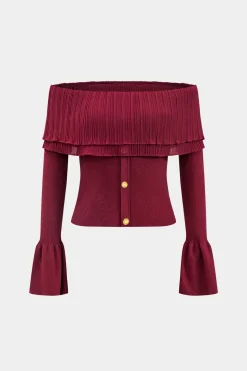 Knitted Off Shoulder Patchwork Bell Sleeve Top