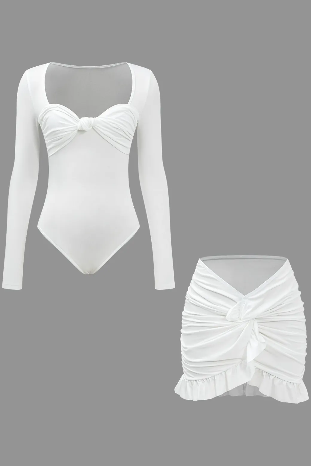 Knot Long Sleeve Top And Ruffle Ruched Detail Skirt Set