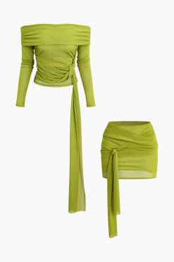 Knot Ruched Off Shoulder Top And Mini Skirt Set