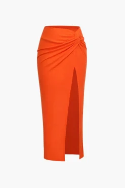 Knot Side Slit Knit Midi Skirt