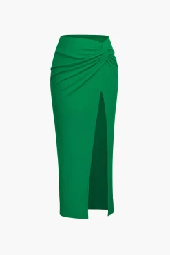 Knot Side Slit Knit Midi Skirt