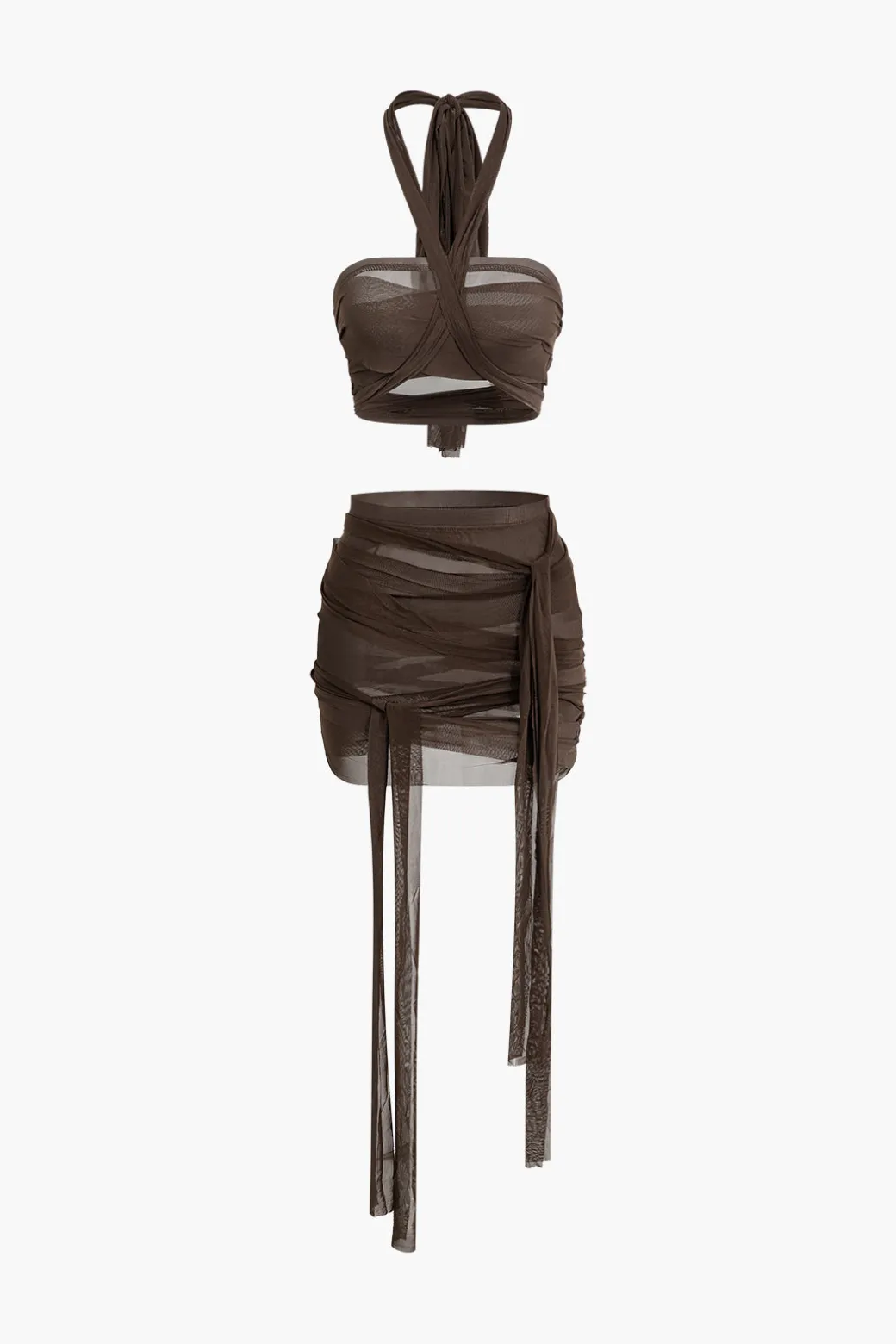 Knot Tie Halter Mesh Tank Top And Mini Skirt Set