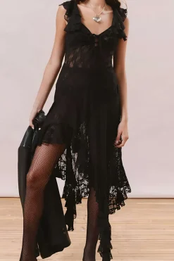 Lace Asymmetrical Tie-Up Midi Dress