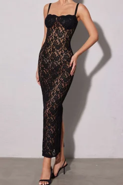 Lace Bustier Slit Slip Maxi Dress