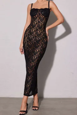 Lace Bustier Slit Slip Maxi Dress