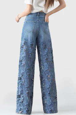 Lace Cut Out Patchwork Wide Leg Jeans