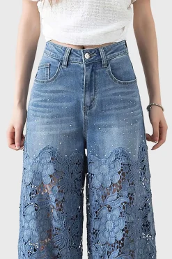 Lace Cut Out Patchwork Wide Leg Jeans