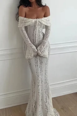 Lace Long Sleeve Strapless Maxi Dress