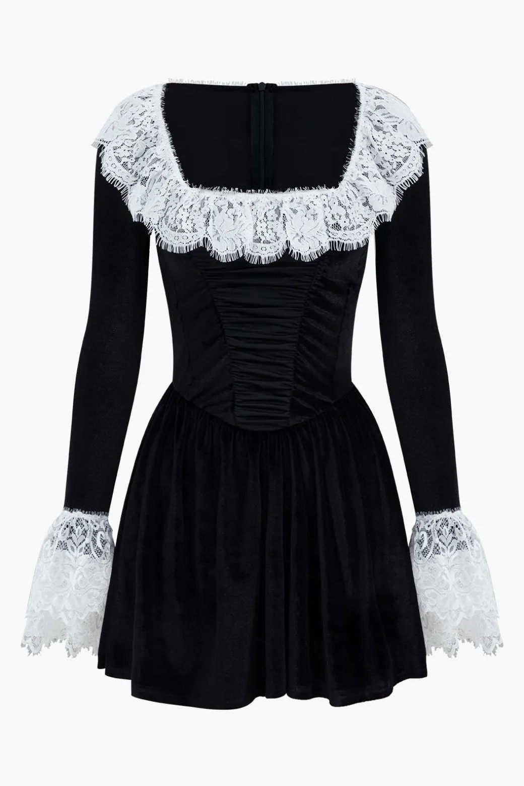 Lace Patchwork Velvet Long Sleeve Mini Dress