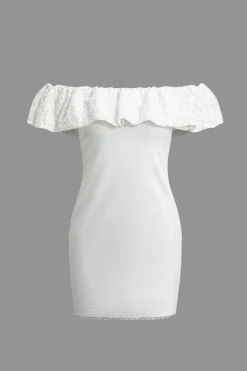 Lace Ruffle Neckline One Shoulder Mini Dress