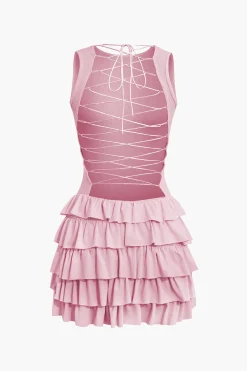 Lace Up Back Sleeveless Ruffle Hem Mini Dress