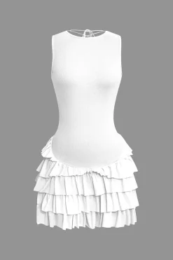 Lace Up Back Sleeveless Ruffle Hem Mini Dress