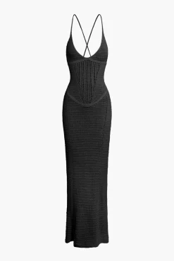 Lace Up Backless V-Neck Hollow Out Knit Dress