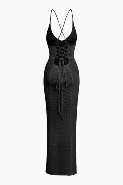Lace Up Backless V-Neck Hollow Out Knit Dress