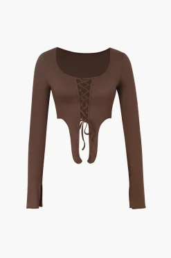 Lace Up Slit Sleeve Crop Top