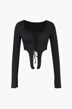 Lace Up Slit Sleeve Crop Top