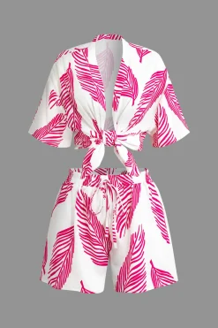 Leaf Print Drawstring Shorts Set