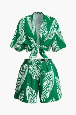 Leaf Print Drawstring Shorts Set