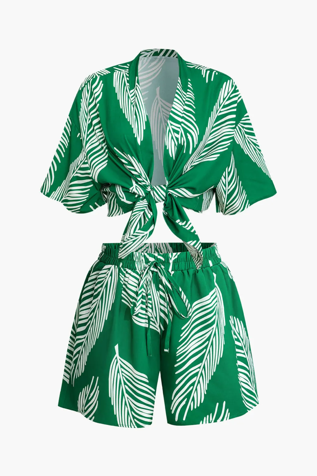 Leaf Print Drawstring Shorts Set
