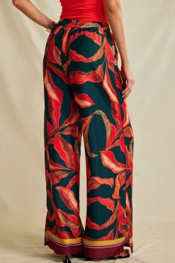 Leaf Print Drawstring Wide Leg Pants