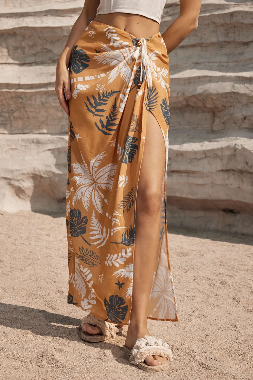 Leaves Print Knot Split Cover-Up Maxi Skirt