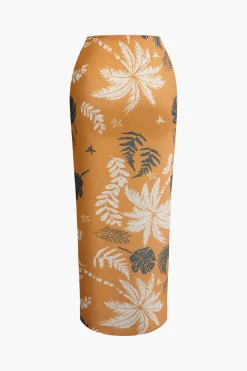 Leaves Print Knot Split Cover-Up Maxi Skirt