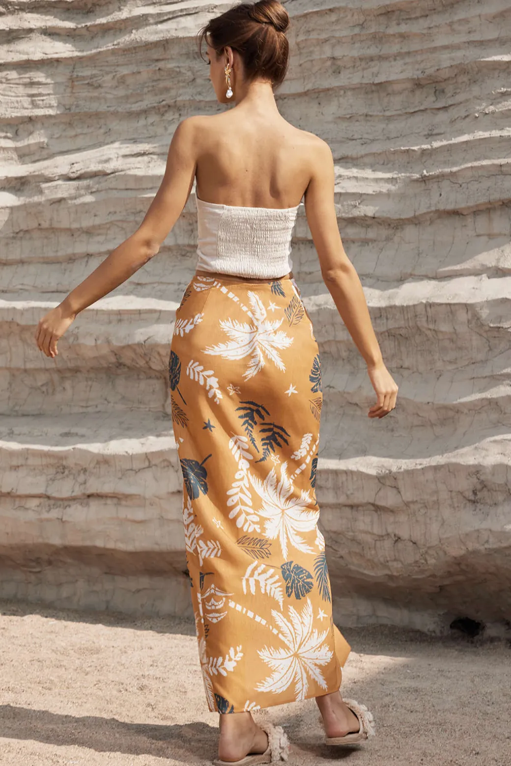 Leaves Print Knot Split Cover-Up Maxi Skirt