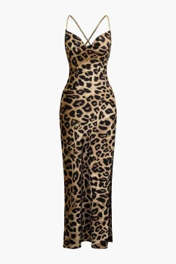 Leopard Print Cross Chain Cowl Neck Slit Slip Maxi Dress