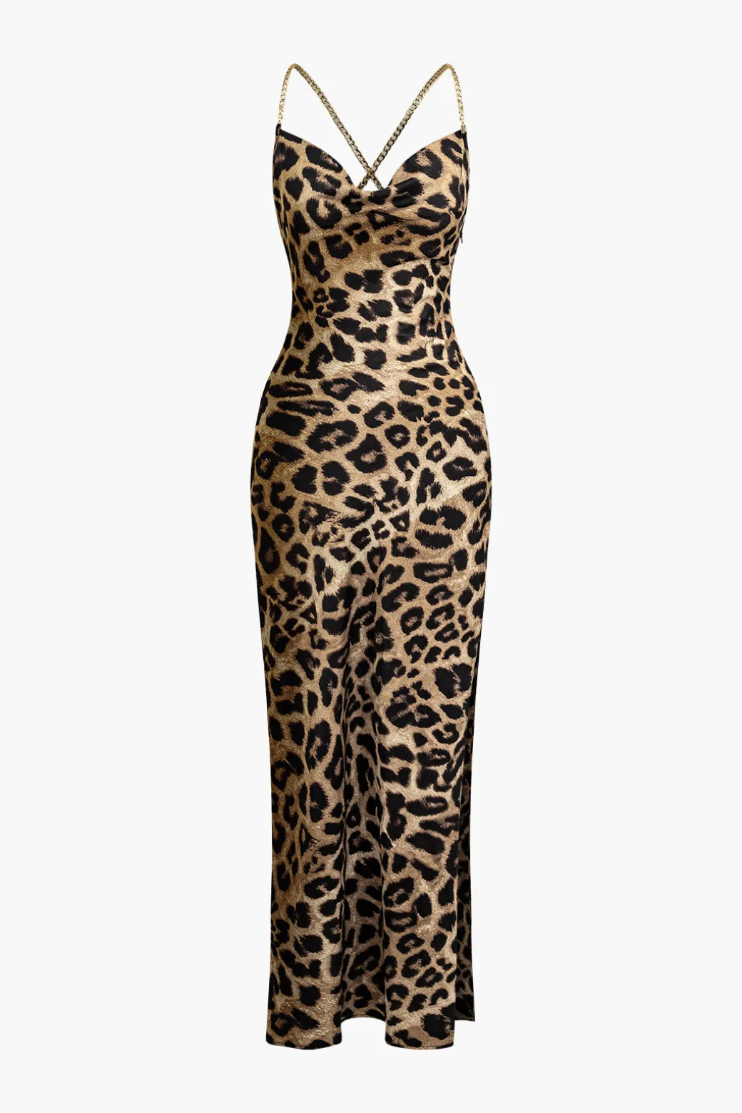 Leopard Print Cross Chain Cowl Neck Slit Slip Maxi Dress