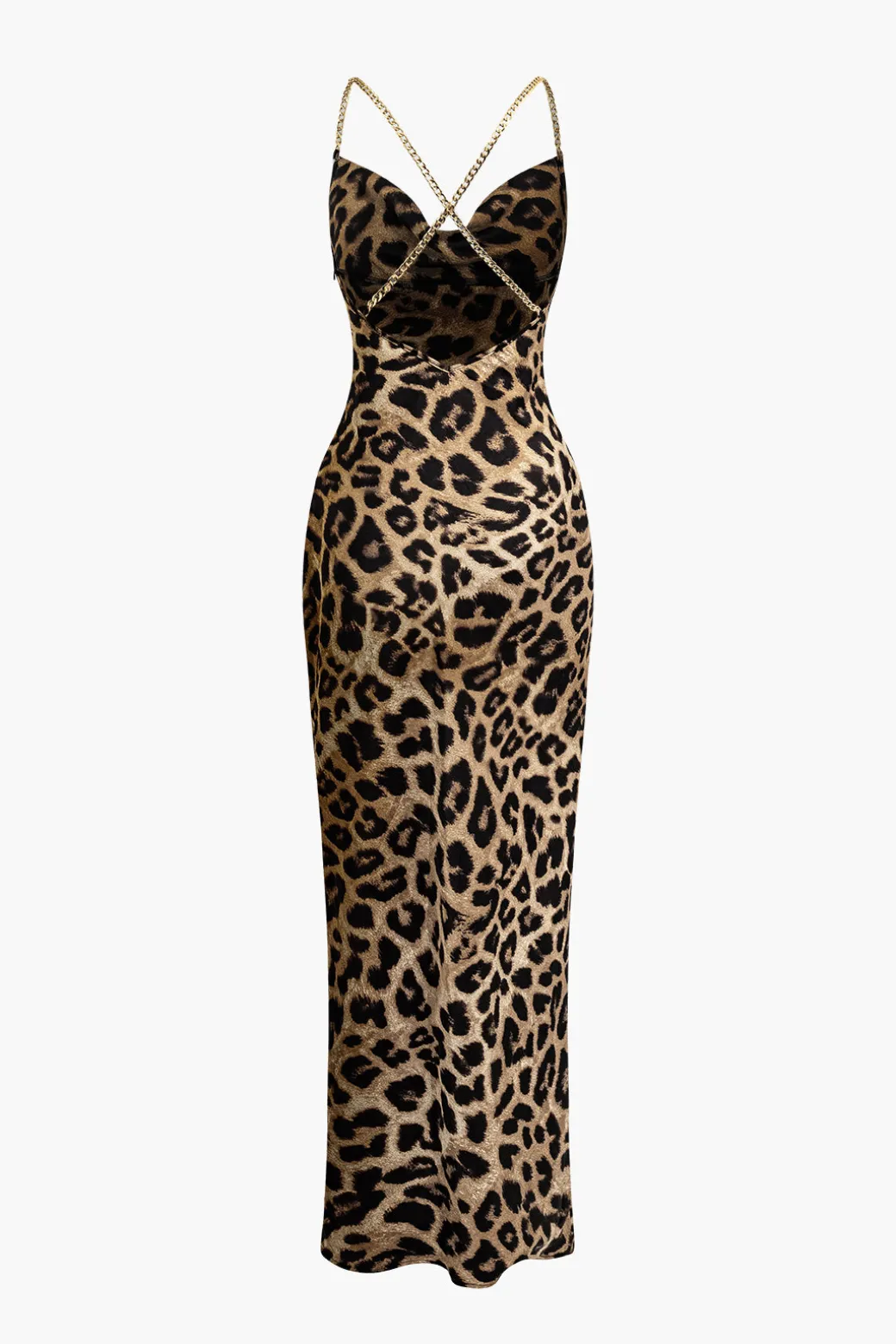 Leopard Print Cross Chain Cowl Neck Slit Slip Maxi Dress