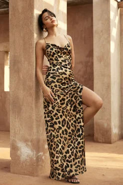 Leopard Print Cross Chain Cowl Neck Slit Slip Maxi Dress