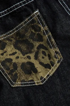 Leopard Print Denim Patchwork Straight Leg Jeans
