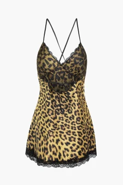 Leopard Print Lace Trim Dress Lingerie