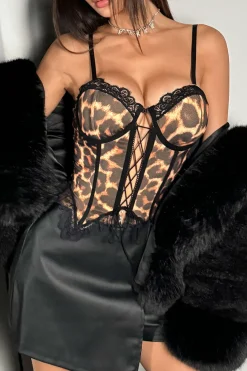 Leopard Print Lace-Up Bustier Top