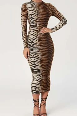 Leopard Print Long Sleeve Slim Midi Dress