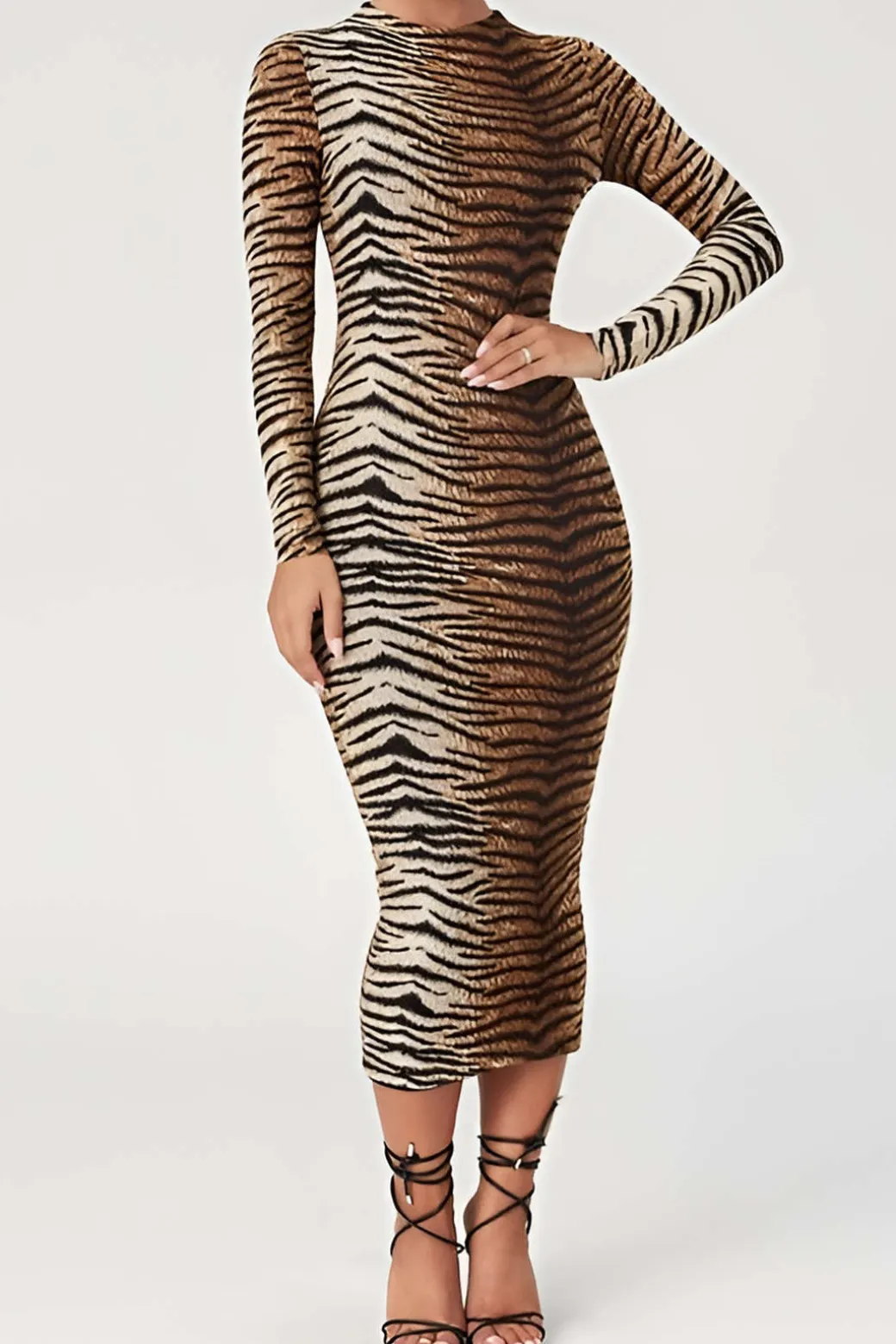 Leopard Print Long Sleeve Slim Midi Dress