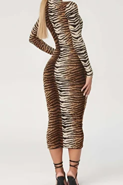 Leopard Print Long Sleeve Slim Midi Dress