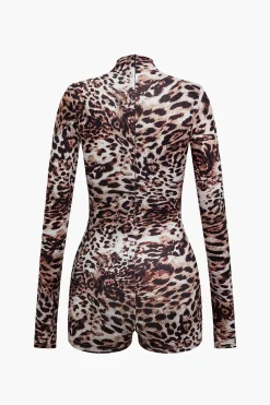Leopard Print Long Sleeve Bodycon Romper