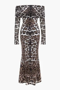 Leopard Print Mesh Off Shoulder Long Sleeve Maxi Dress