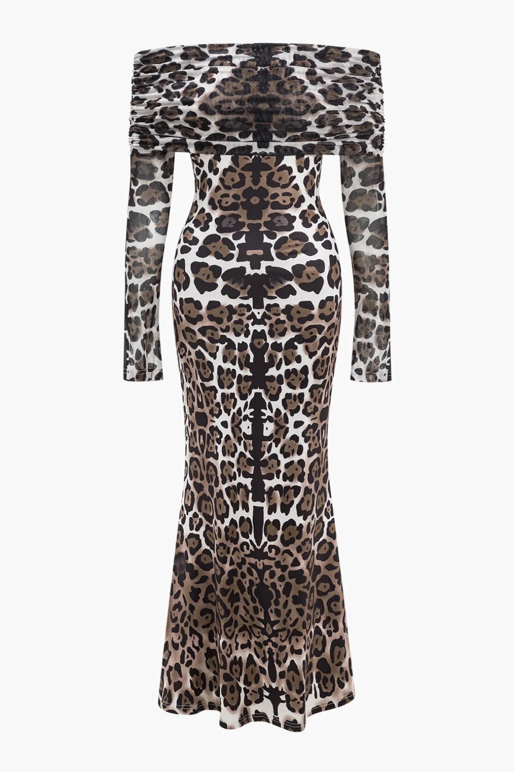 Leopard Print Mesh Off Shoulder Long Sleeve Maxi Dress