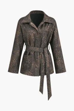 Leopard Print Pocket Button Belted Jacket