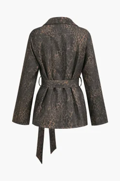 Leopard Print Pocket Button Belted Jacket